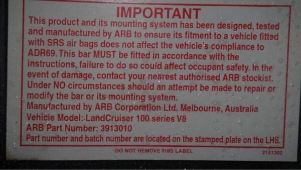 ARB Deluxe Bullbar – Toyota LandCruiser 100 Series V8  Part Number: 3913010 - Image 5